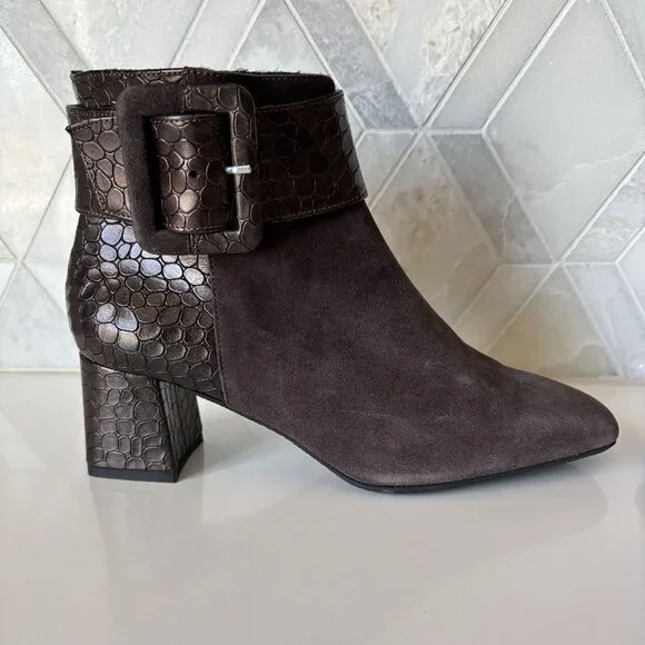 Ron White 38/7.5 Ankle Boot Zipper Block Heel Linzi Brown Croc Cashmere Suede - Picture 5 of 11